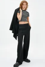 Kadın Siyah-Beyaz (25512) Bisiklet Yaka Çizgili Kısa Kollu Full Likra Ribana Tişört