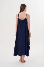 Women's Navy Blue Strappy Muslin Long Dress with Side Slit
