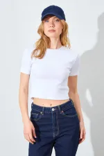 Kadın Ekru (25608) Bisiklet Yaka Düşük Kol Full Likra Ribana Crop Tişört