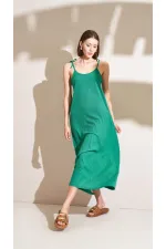 Kadın Zümrüt İp Askılı Rahat Kesim Ruhsel Kumaş Elbise