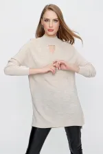 Kadın Taş Melanj Önü Pencereli Triko Kazak