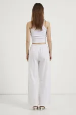 Kadın Beyaz Beli Bağlamalı Geniş Piş Dikişli Paça Pantolon