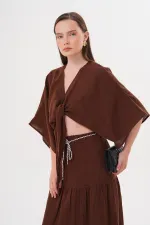 Kadın Kahve Yarasa Kol Ön Bağlamalı Gömlek