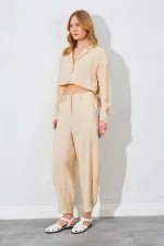 Kadın Bej Paça Düğmeli Modal Kumaş Pantolon