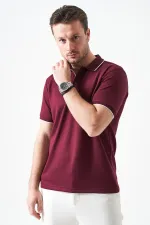T-shirt homme en piqué modal couleur prune avec col à boutons-pression