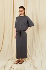 Kadın Antrasit 164 Reglan Kollu Etek Ucu Bağlama Bluzlu Etekli Modal Takım