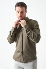 Erkek Haki Uzun Kol Ripaş Dalgıç Slim Fit Gömlek