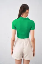 Kadın Benetton Yeşil Polo Yaka Bürümcük Kumaş Crop