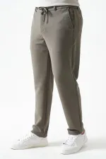 Erkek Haki Beli Yarım Lastikli Mendi Örme Jakar Pantolon