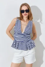 Kadın Lacivert Önü Arkası V Beli Drapeli Peplum Bluz