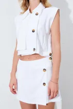 Kadın Ekru Yelekli Şort Etekli Takım