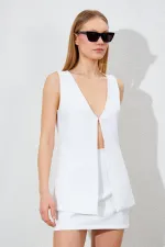 Kadın Beyaz Kopça Detaylı Yelekli Etek Kumaş Takım