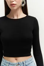 Kadın Siyah Uzun Kollu Bisiklet Yaka Crop Bluz