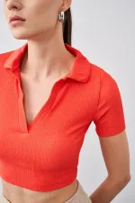 Kadın Nar Polo Yaka Bürümcük Kumaş Crop