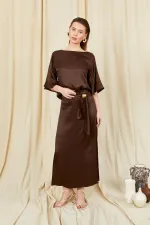 Women's Coffee 9090 Short-Sleeved Dropped Skirt Satin Set with Gold Buckle