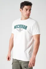 Erkek Ekru Bisiklet Yaka MICHIGAN Baskı Tişört