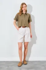 Kadın Haki Çift Cepli Düşük Kol Crop Gömlek
