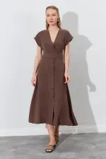 Kadın Kahve Kruvze Yaka Eteği Düğmeli Modal Elbise