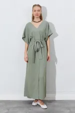 Kadın Haki Düşük Kol Beli Tünel Kemerli Keten Uzun Elbise