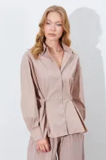 Kadın Vizon Bel Oturtmalı Bel Düğme Detaylı Gömlek