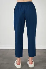 Kadın İndigo Beli Bağlamalı Havuç Paça Poplin Pantolon