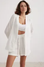 Kadın Ekru Beli Lastikli Müslin Şort