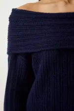 Kadın Lacivert Degaje Yaka Fitilli Triko Kazak