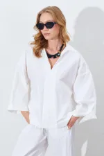 Kadın Kemik Derin V Yakalı Dirsek Kol Salaş Gömlek