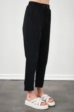 Kadın Siyah Beli Bağlamalı Havuç Paça Poplin Pantolon