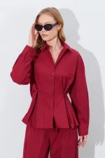 Kadın Bordo Bel Oturtmalı Bel Düğme Detaylı Gömlek