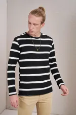 Erkek Siyah Bisiklet Yaka Yatay Çizgili Waffle Sweatshirt