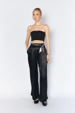 Women's Black Wide-Leg Trousers with Scarf Waistband and Flush Satin
