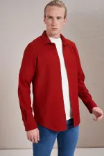 Chemise rouge à manches longues pour homme, coupe slim, sans poches, de style ottoman