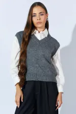 Kadın Antrasit V Yakalı Basic Süveter