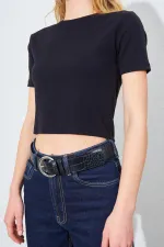 Kadın Siyah (25608) Bisiklet Yaka Düşük Kol Full Likra Ribana Crop Tişört