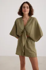 Kadın Haki Beli Lastikli Müslin Şort