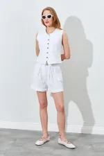 Kadın Ekru Duble Paça Keten Şort