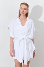 Kadın Beyaz Düşük Kol Kuşaklı Kimono