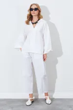 Kadın Kemik Derin V Yakalı Dirsek Kol Salaş Gömlek