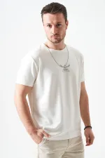 Erkek Ekru Bisiklet Yaka CASUAL  Baskılı Modal Tişört