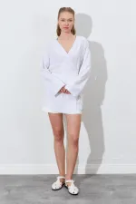 Kadın Naturel Kruvaze Yaka İp Bağlamalı Ceket