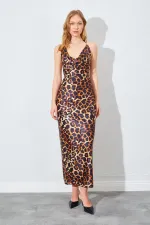 Kadın Leopar Degaje Yaka Saten Uzun Elbise
