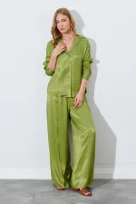 Kadın Yağ Yeşili Beli İnce Lastik Detaylı Saten Pantolon