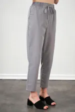 Kadın Gri Beli Bağlamalı Havuç Paça Poplin Pantolon