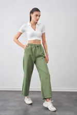 Kadın Haki Beli Bağlamalı Geniş Piş Dikişli Paça Pantolon