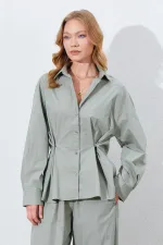 Kadın Çağla Bel Oturtmalı Bel Düğme Detaylı Gömlek