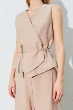 Kadın Vizon Kruvaze Yelekli Biye Bağlamalı Palazzo Pantolonlu Takım