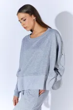 Women's Grey Melange Crew Neck Sweatshirt with Snap Button Sleeves and Dropped Shoulders