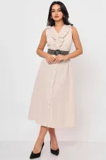 Kadın Bej Yaka Fırfırlı Önü Düğmeli Kolsuz Poplin Kumaş Uzun Elbise