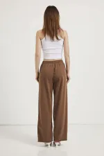 Kadın Kahve Beli Bağlamalı Geniş Piş Dikişli Paça Pantolon